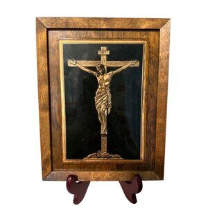 Wood Framed Crucifix Wall Art With Brass Jesus Religion Easter Art